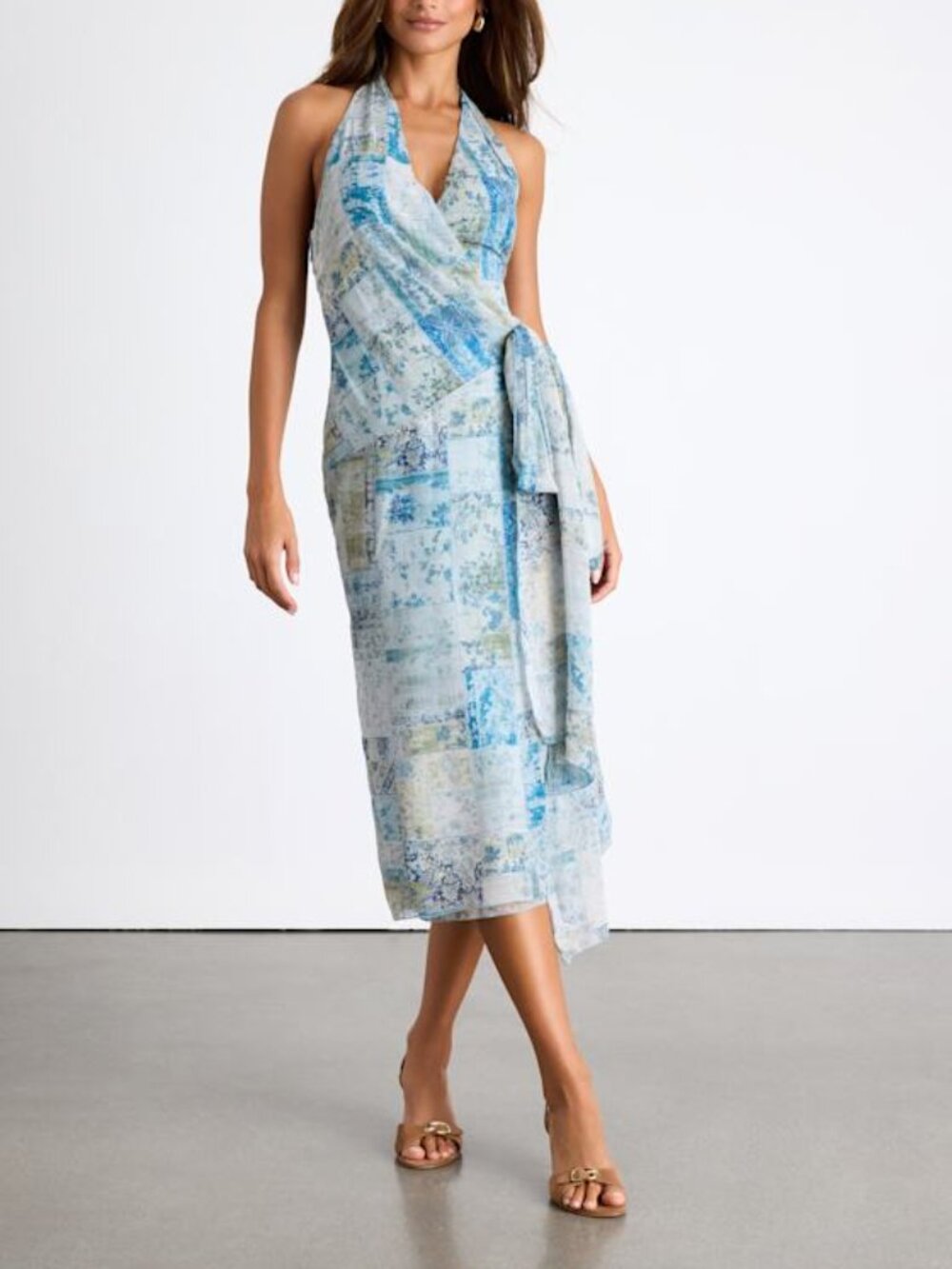 Lulus Francine Light Blue Multi Boho Print Halter Midi Dress - Size M